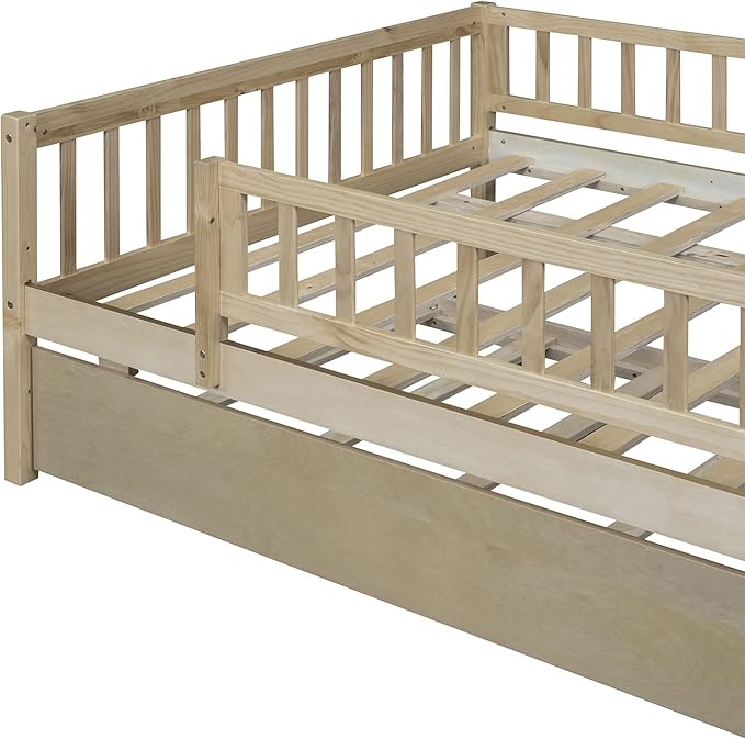 Bellemave Full Size Bed Frames with Rails for Kids, Full daybed Frame with Trundle for Boys/Girls/Adults， Natural