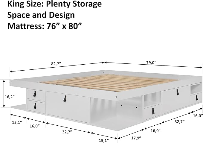 memomad Bali Storage Platform Bed with Drawers (King Size, Off White)