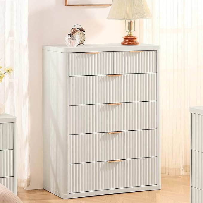 LEYAOYAO Fluted 6 Drawers Dresser for Bedroom Set of 2, 42" Tall Modern Chest of Drawers with Metal Handle, Curved Profile Design,White Wood Drawer Organizer for Bedroom, Living Room, Hallway