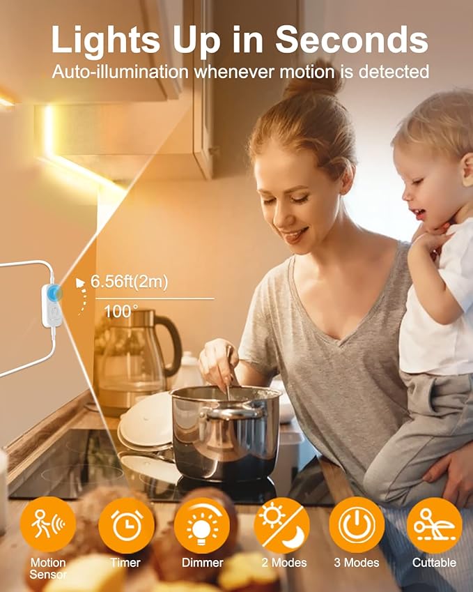 Motion Sensor LED Strip Light - Cabinet Strip Lights with 24W Plug, Dimmer, and Timing, 16.4ft for Under Cabinet, Kitchen, 3000K WarmWhite
