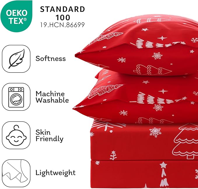 JSD Red Christmas Tree Kids Sheet Set Full Size, 4 Piece Soft Printed Microfiber Sheets Deep Pocket