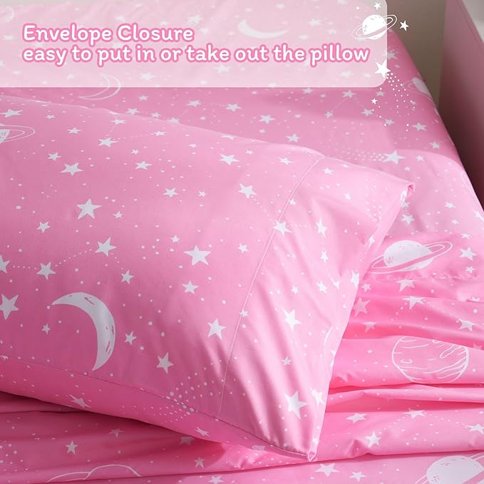 JSD Gradient Pink Moon Stars Kids Sheet Set Twin Size, 3 Piece Space Theme Microfiber Sheets Deep Pocket