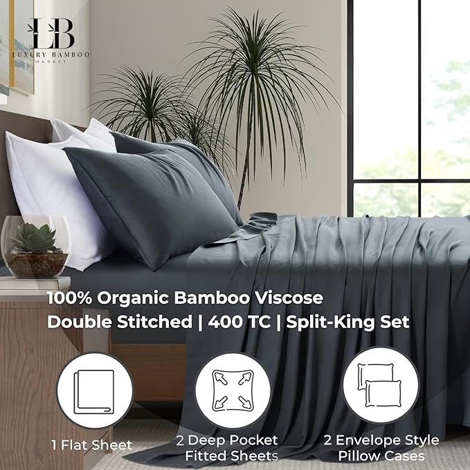 Split King Size Sheet Set | 2 Fitted Sheets for Sleep Number & Adjustable Beds | Organically Grown | Ultra Soft & Cooling |100% Viscose | 17" Deep Pocket [Charcoal Grey]