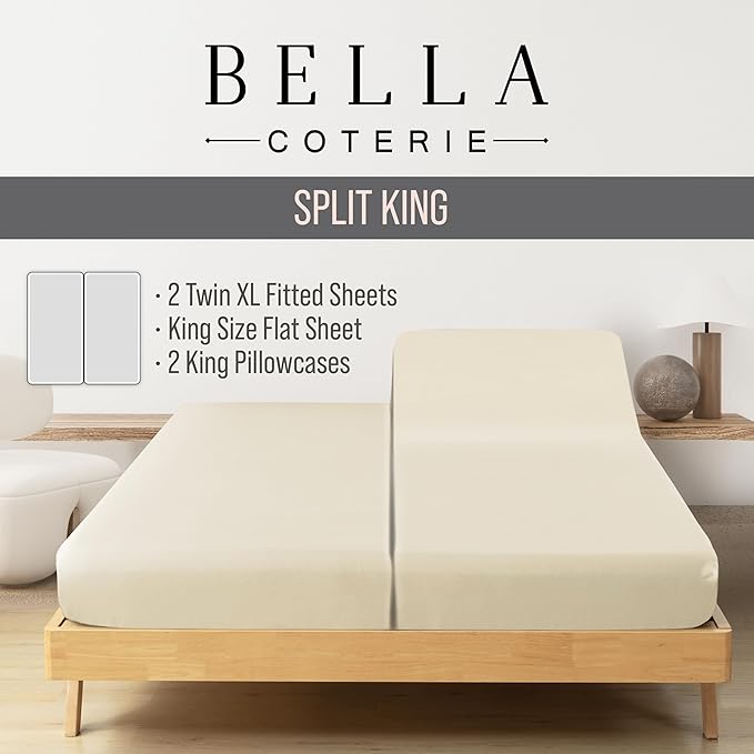 Bella Coterie Luxury Bamboo Viscose Split King Size Sheet Set | 2 Fitted Sheets for Sleep Number & Adjustable Beds | 100% Organically Grown | Cooling & Ultra Soft | 18” Deep Pocket [Ivory]