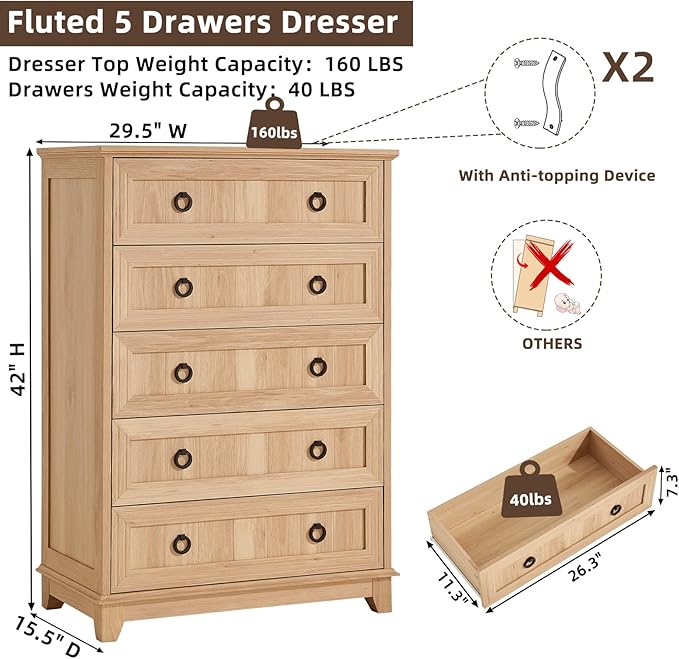 Farmhouse 5 Drawer Dresser for Bedroom, 42" Tall Small Dressers & Chest of Drawers, Rustic Wood Dresser with Metal Handle, Storage Organizer Closet for Living Room, Hallway, Entryway