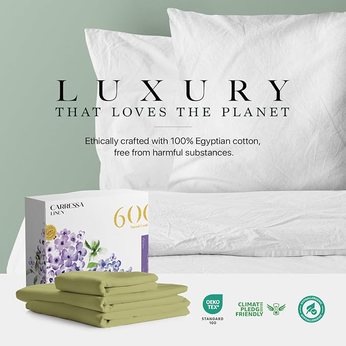 Carressa Linen 100% Egyptian Cotton Twin XL Sheets Set - 600 Thread Count Luxury Egyptian Cotton Sheets Twin XL Size (3 PC, Herb Garden), 16" Deep Pocket, Soft, Cooling, Sateen Weave Dorm Room Bedding
