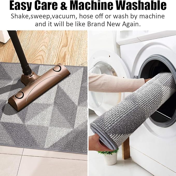 Indoor Doormat 20"x 32", Absorbent Front Back Door Mat, Rubber Backing Non Slip Floor Mats Inside Mud Dirt Trapper Outside Entrance Front Door Rug Carpet, Machine Washable Low Profile - Grey Geome