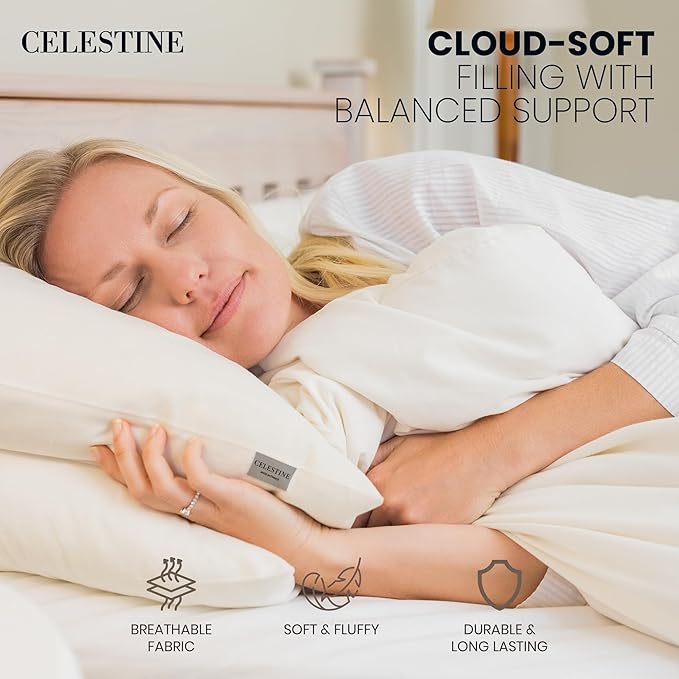 Celestine Queen Size Pillows Set of 4 – Soft Down Alternative Microfiber Filling, Plush White 20x28 Bed Pillows for Side and Back Sleepers, Breathable, Supportive, Machine Washable Pillow Set