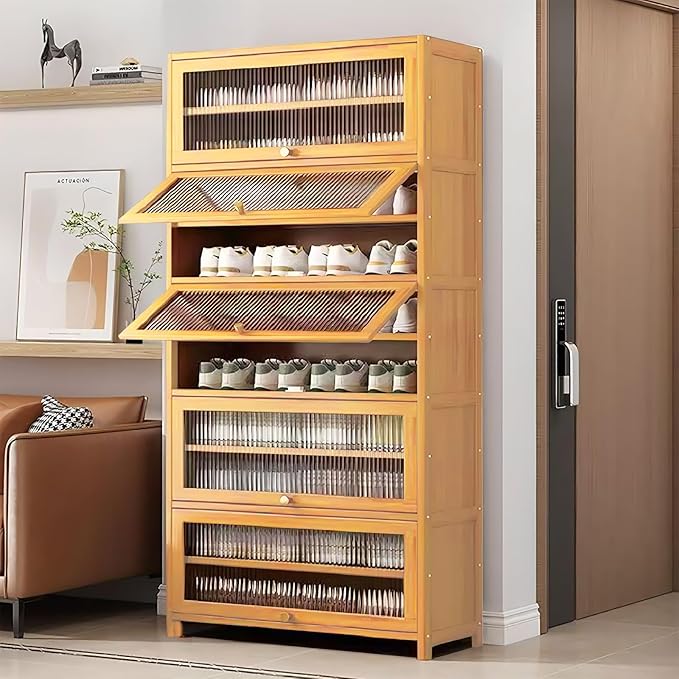 Tall Shoe Cabinet with Acrylic Doors, 10-Tier Large Capacity Bamboo Shoe Cabinet, 40-45 Pairs Freestanding Shoe Rack & Shoe Organizer for Closet Entrance, Hallway, Living Room, Bedroom