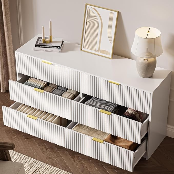 White 6 Drawer Dresser for Bedroom, 55" Wide Modern Chest of Drawers with Gold Metal Handles, Fluted Wood TV Stand for Living Room, Hallway