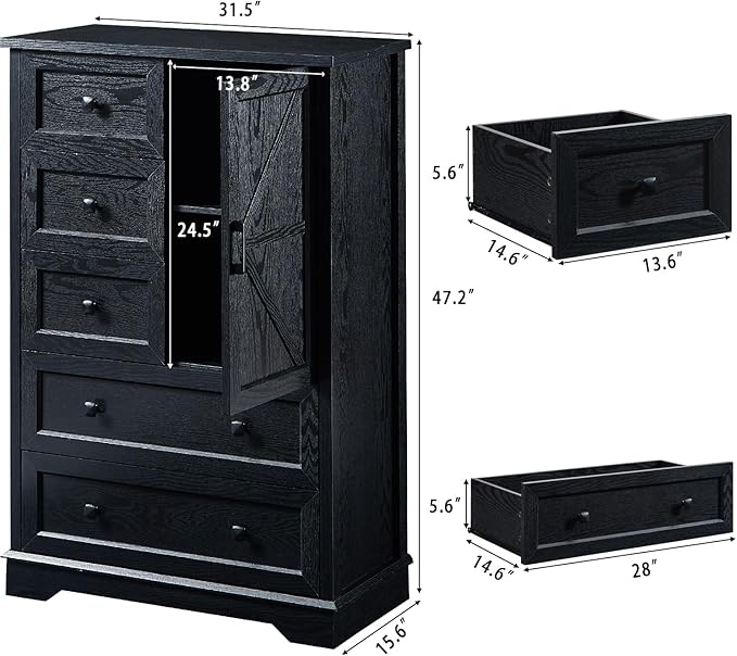 SOOWERY Black Dresser for Bedroom, 5 Drawers Farmhouse Wood Dresser with Double Storage Cabinet, 48 Inches Tall Chest of Drawers for Bedroom, Living Room, Hallway
