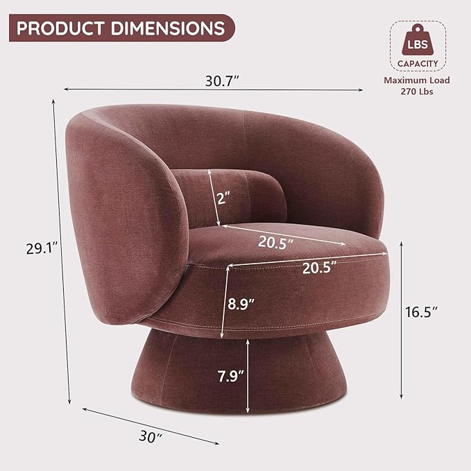 Swivel Accent Chair, Modern 360 Degree Swivel Barrel Chair with Arms & Curved Back and Lumbar Support Cushion, Comfy Round Single Sofa for Small Space, Living Room, Bedroom, Lavender Rayon