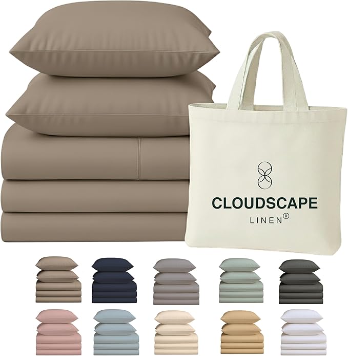 Cloud Scape Linen 100% Egyptian Cotton Split King Sheet Set for Adjustable Bed,400 Thread Count, 5 Pcs Bedding Set, Soft, Breathable and Durable, Deep Pockets up to 17, Taupe