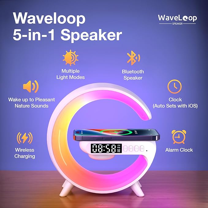 Waveloop Speaker Alarm Clocks for Bedrooms with Wireless Charging and G Bluetooth Speaker, Sunrise Wake Up Light RGB Night Lamp, 4-Button Bedside Alarm Clock for Bedroom Time Display, USB-C