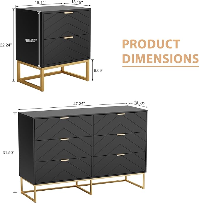Anbuy Morden 3 Pieces Bedroom Sets, 6 Drawer Dresser and Nightstand Sets for Bedroom, Night Stand Set of 2 & 6 Drawer Dresser with Gold Handles, Morden Wood Chest of Drawers Storage Cabinet Set, Black