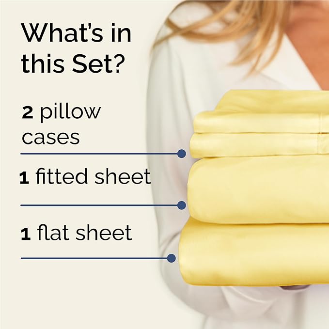 Twin XL 4 Piece Sheet Set - Cooling, Comfy & Breathable - Hotel Luxury Bedding, Includes Fitted Sheet for Women, Men, Kids & Teens - 1 Flat, 1 Fitted Sheet, 2 Pillowcases with Deep Pockets - Yellow