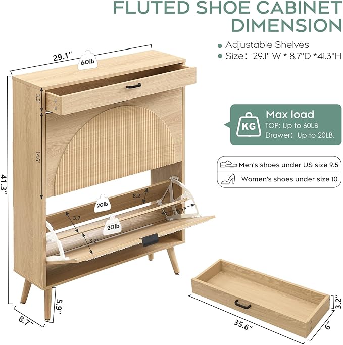 Yechen Shoe Storage Cabinet with 2 Flip Drawers& 1 Small Drawer, Slim Entryway Shoe Organizer with Fluted Wavy Doors for Hallway,Natural Oak