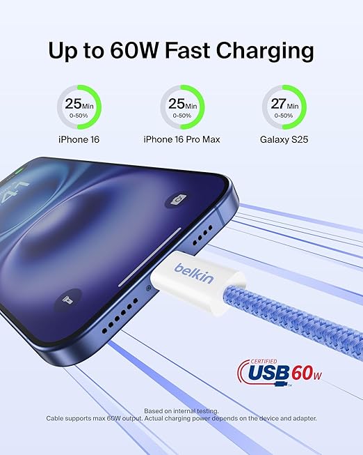 Belkin USB C to USB C Cable 2-Pack, 3.3ft, 60W - Type C Charger, iPhone Charger Cord, Soft, Braided, Flexible for iPhone 16, Galaxy S25, Pixel 9, Airpods, iPad Pro & More, Travel Essentials - Blue