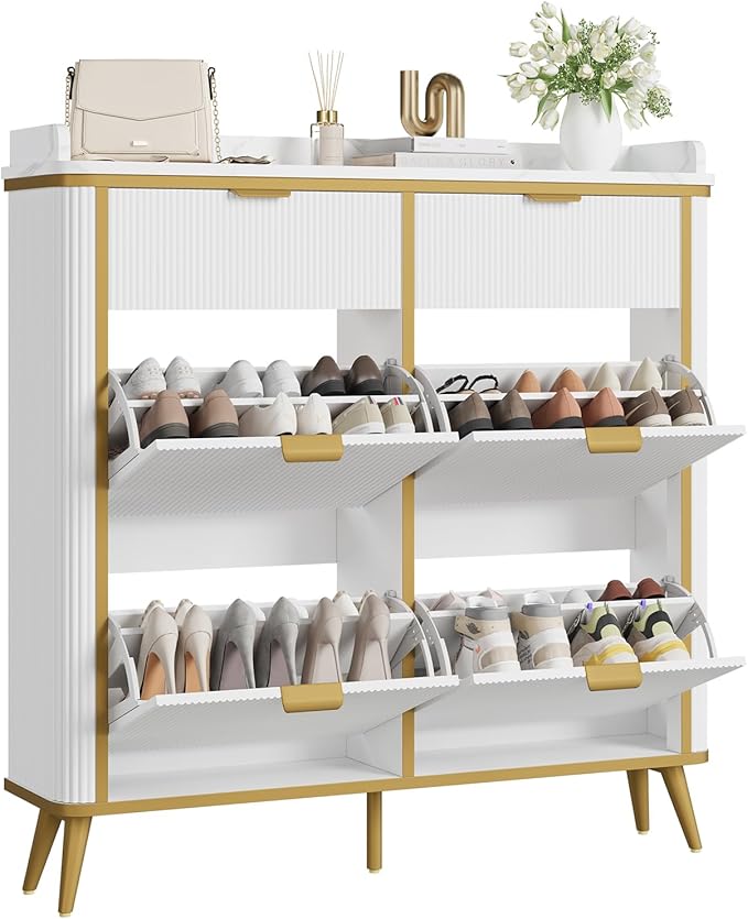 Fluted Shoe Cabinet Storage, Modern Slim Shoe Organizer Cabinet with 4 Flip Drawers & 2 Drawers, Wooden Freestanding Shoe Rack Cabinets for Entryway, Foyer, Hallway, White