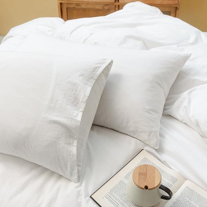 FOSSA White Duvet Cover Set, 100% Washed Cotton Linen Feel Super Soft Breathable Cozy 3 Pieces Bedding Sets Solid Off White Oversized King Plus