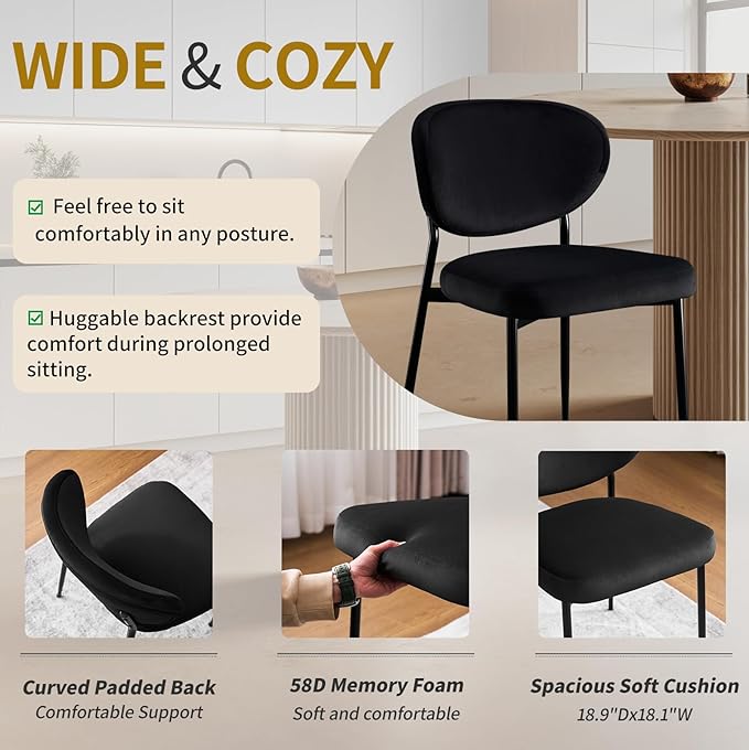 Black Dining Chairs Set of 4 Velvet Upholstered Kitchen & Dining Room Chairs Modern Crescent-Shaped Backrest Accent Side Chairs with Swivel Leveling Feet for Restaurant/Dining Table/Home