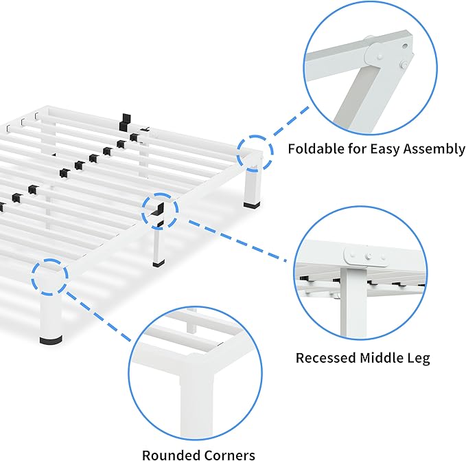 7 Inch White Queen Bed Frame, 3500Lbs Heavy Duty Metal Platform with Round Corner Legs Mattress Slide Stopper, Steel Slat Support No Box Spring Needed, Noise Free, Non-Slip, Easy Assembly