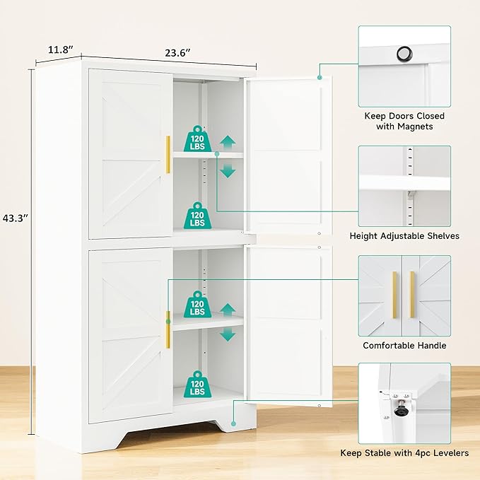 SISESOL White Storage Cabinet with 4 Doors and 2 Adjustable Shelves,Farmhouse Food Pantry Cabinets,Small Bathroom Cabinet,4 Tier Metal Storage Cabinets for Home Kitchen,Dining/Living/Laundry/Room | 4 Doors, 2 Adjustable Shelves, Farmhouse, Food Pantry ...