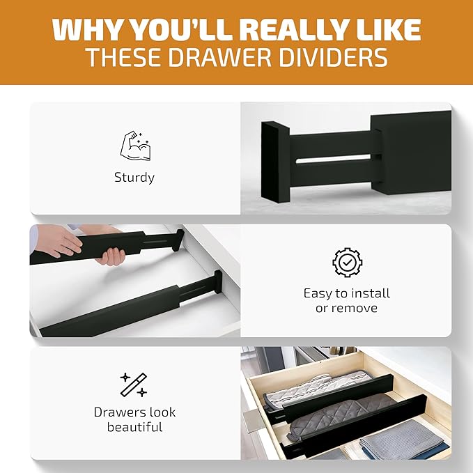 Bambüsi 4 Pack Drawer Dividers - 2.6" High, 16-22" Adjustable Drawer Bamboo Organizers for Clothes, Expandable Dresser Separators in Bedroom/Bathroom/Kitchen/Office Organization and Storage (Black)