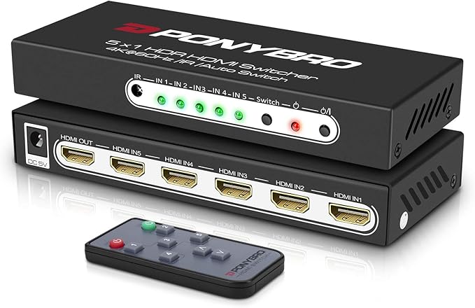 HDMI 2.0 Switch 5 Port 4K@60Hz Auto-Switching – 5 in 1 Out with Remote, HDR10, 3D, Ultra HD for PS5/Xbox/PC/Fire TV, Zero Delay