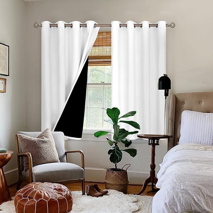 BGment Thermal Insulated 100% Blackout Curtains for Bedroom with Black Liner, Double Layer Full Room Darkening Noise Reducing Grommet Curtain (46 x 72 Inch, Pure White, 2 Panels)