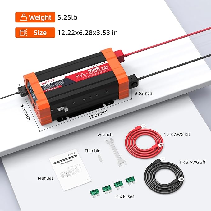 BELTTT 1500W Pure Sine Wave Inverter 12V to 120V AC, Car Power Inverter 12V to 110V Converter for RV, Truck, Solar, Off-Grid with Dual AC Socket, 5V 2.1A USB, Surge 3000W, Smart LCD Display
