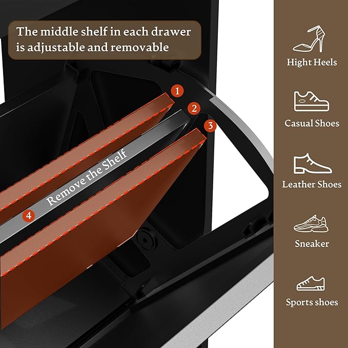 Shoe Storage Cabinet for Entryway, Farmhouse Narrow Shoe Cabinet with 3 Flip Drawers & 2 Top Drawers, Adjustable Shelves & Hooks, Freestanding Hidden Rack Organizer for Hallway, Foyer