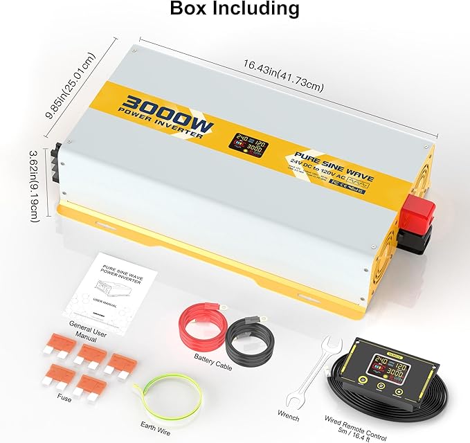 XWJNE 3000W Pure Sine Wave Power Inverter 24V DC to 120V GFCI AC Converter with LCD Display and Remote for Home, RV, Truck, Off-Grid Solar Power