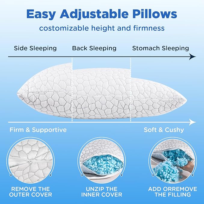 Cooling Pillows Queen Size Set of 2 Shredded Memory Foam Pillows for Side Back Stomach Sleepers, Two-Sided Cool Adjustable Firm or Soft Bed Pillow Luxury Gel Neck Pillow for Neck Shoulder Pain Relie