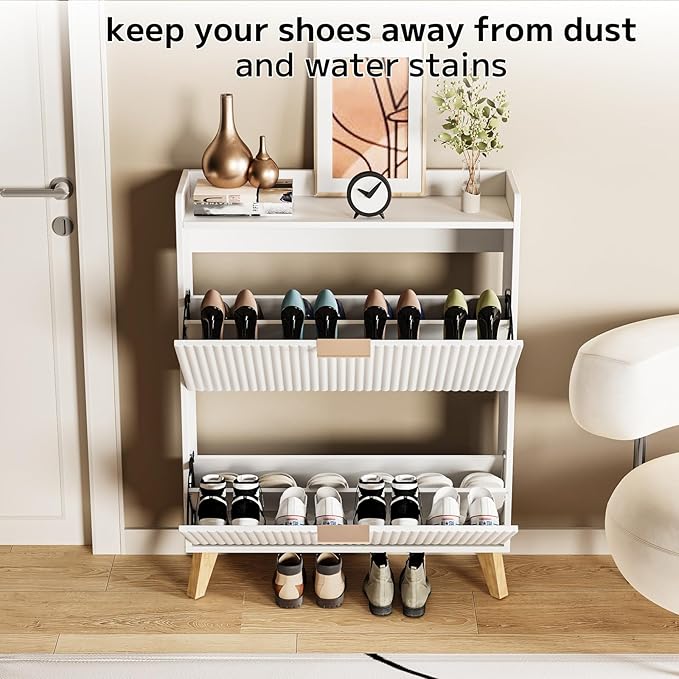 Slim Shoe Storage Cabinet for Entryway, 2 Flip Drawers Wooden Organizer with Fluted Panel, Secure Fence Top for Plants & Decor, Hidden Shoe Storage for Hallway & Foyer (White)