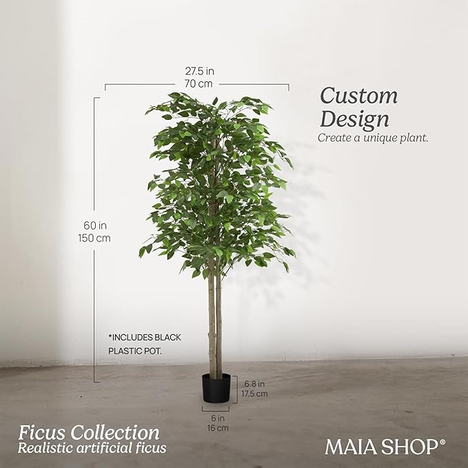 Maia Shop 5ft Artificial Ficus Tree Plant for House, Apartment or Office – Realistic Fake Indoor Plants for Living Room, Kitchen, Bedroom, Entryway or Bathroom – Faux Greenery for Home Décor