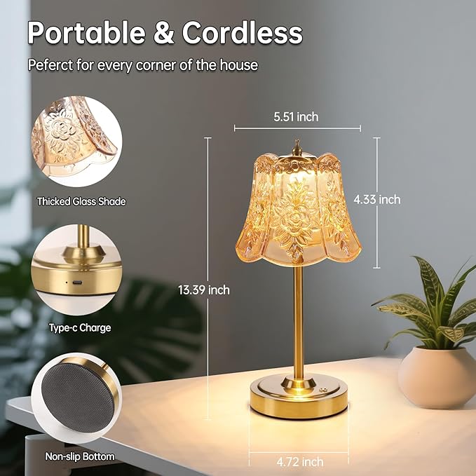 Small Table Lamp with 5200mAh Battery & Touch Control - 3 Adjustable Color Temperatures, Dimmable Rechargeable Table Lamps for Living Room, Bedroom, Bedside (Amber Rose)