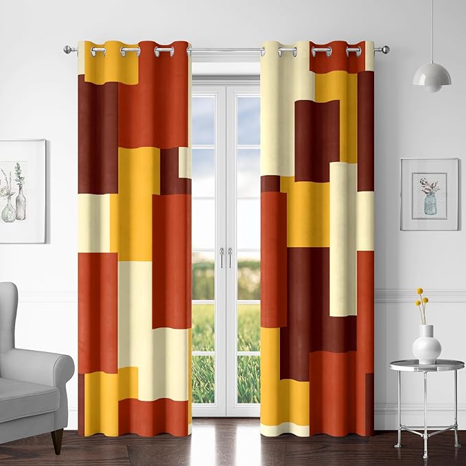 Rust Burnt Orange 100% Blackout Curtains for Bedroom 96 inch Long 2 Panels Set Modern Abstract Geometric Black Out Curtains Insulated Room Darkening Window Drapes for Living Room, 52Wx96L