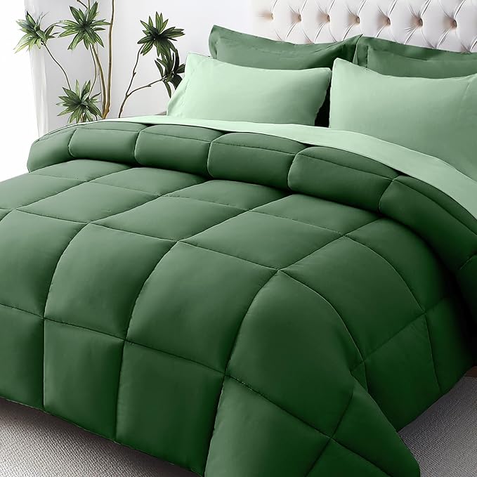 JOLLYVOGUE Twin Comforter Set, Ultra-Soft Bed in a Bag Twin Size 5 Pieces, Oeko-TEX Certified Bedding Set with Down Alternative Comforter, Sheets, Pillowcases & Shams, Dark Green & Light Green