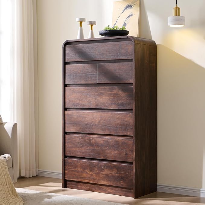 Modern 7 Drawers Dresser for Bedroom, 55" Tall Dressers & Chest of Drawers w/Curved Profile Design, Wood Mid Century Vertical Storage Dressers Organizer for Bedroom, Living Room, Brown