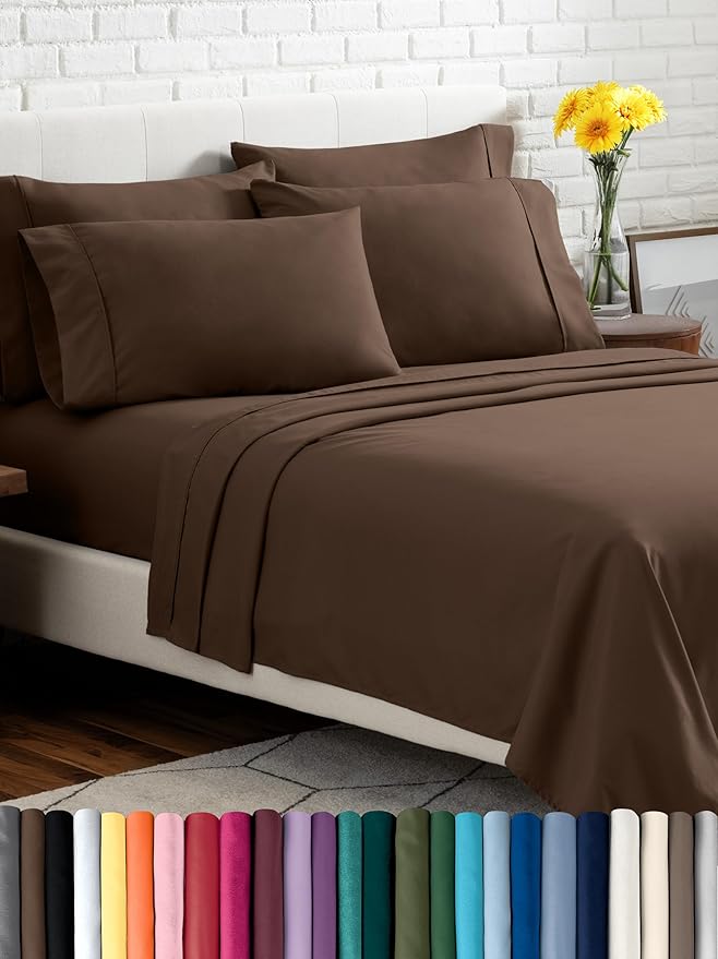 Bare Home Hotel Luxury Full XL Sheet Set, Extra Soft - 6 Piece Set - Deep Pockets - Easy Fit - Cooling & Breathable - Wrinkle, Fade, Stain Resistant - Includes 4 Pillowcases (Full XL, Cocoa)