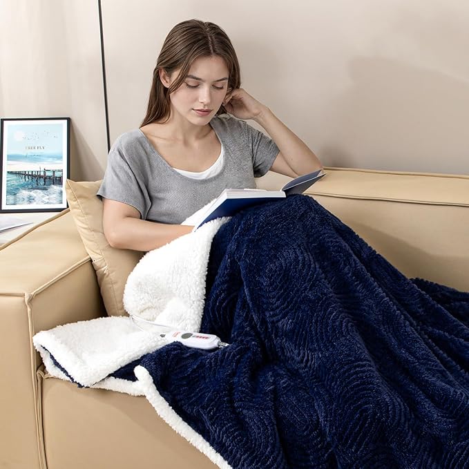 Heated Throw Blanket Electric - 50"x60" Cozy Soft Jacquard Heating Blanket with 4 Heat Levels 4 Hours Auto-Off, Electric Throw with Overheating Protection, Warm Gifts, Navy