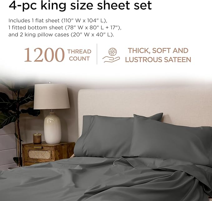Threadmill 100% Supima Cotton Sheets, Luxury 1200 Thread Count Cotton Sheets for King Size Bed, 4 Pc Dark Grey King Bed Sheet Set, 5-Star Hotel Quality with Elasticized Deep Pocket King Sheet