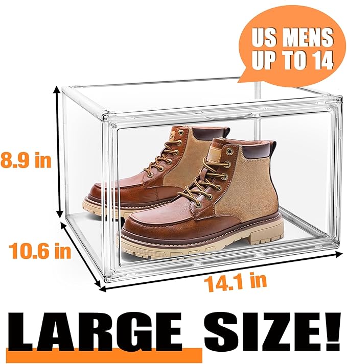 4 Pack Large Acrylic Shoe Boxes Sneaker Storage for Sneakerheads Clear Plastic Stackable Boot Shoe Collectibles Display Case, Size 13