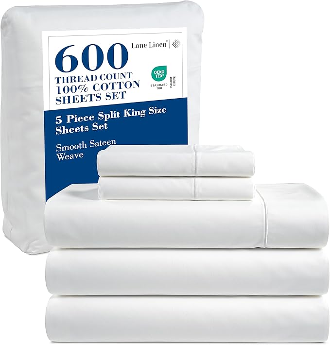LANE LINEN 600 Thread Count 100% Cotton Split King Sheets Set for Adjustable Beds, 15" Deep Pocket Soft & Comfy Sustainably Produced Split King Sheet, Naturally Cooling Cotton Sheets -White