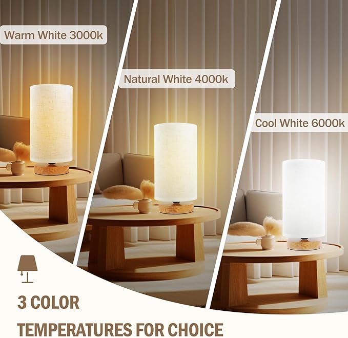 Minimalist Dimmable Nightstand Lamp with Round Fabric Linen Shade, 3 Color Temperatures, Desk & Bedside Lamp for Study, Living Room, Bedroom, Office, Dorm
