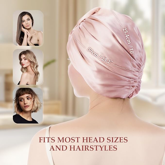 Silk Bonnet for Sleeping Women, 100% Mulberry Silk Sleep Cap with Elastic Band, Real Mulberry on Both Sides, Soft Pink
