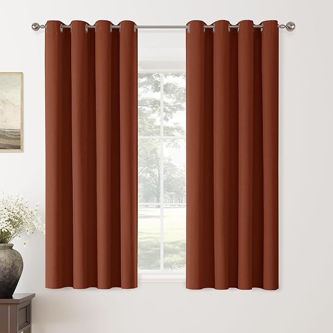 ChrisDowa 100% Blackout Terracotta Solid Curtains 63 Inches Long 2 Panels for Bedroom Living Room,Farmhouse Room Darkening Thermal Insulated Soundproof Grommet Top Window Treatment Drapes,52x63