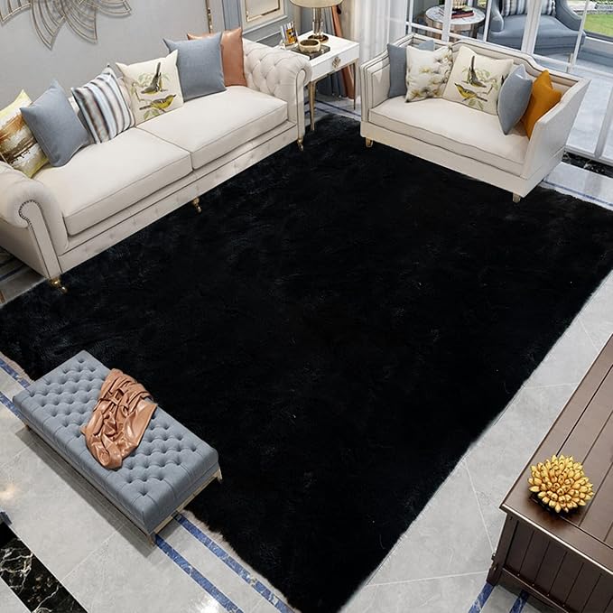 Latepis 6x9 Area Rugs for Living Room Fluffy Black Rug for Bedroom Large Washable Faux Rabbit Fur Plush Shag Rugs Super Soft Throw Rug for Nursery Home Decor