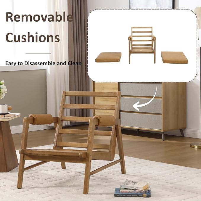 HEAH-YO Modern Accent Chair, Upholstered PU Leather Living Room Chair with Wooden Frame, Comfy Armchair with Thick Cushion for Bedroom Balcony, Brown